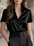 2026 European And American Cross - border New Women's Fashion Amazon Women's Satin Short - sleeved Blouse Commuting Style High - end Drapey Professional Shirt Top - VEZTIVIA