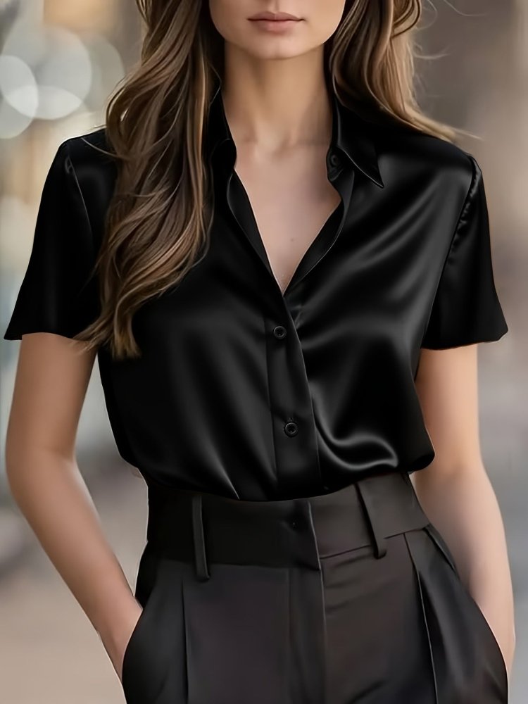 2026 European And American Cross - border New Women's Fashion Amazon Women's Satin Short - sleeved Blouse Commuting Style High - end Drapey Professional Shirt Top - VEZTIVIA