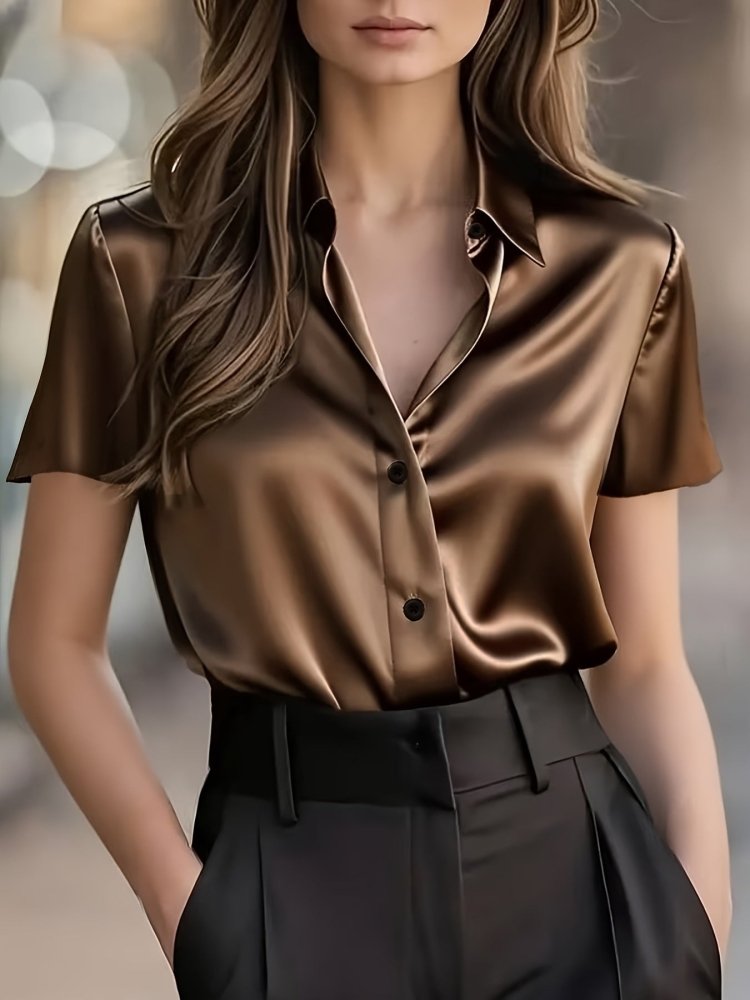 2026 European And American Cross - border New Women's Fashion Amazon Women's Satin Short - sleeved Blouse Commuting Style High - end Drapey Professional Shirt Top - VEZTIVIA