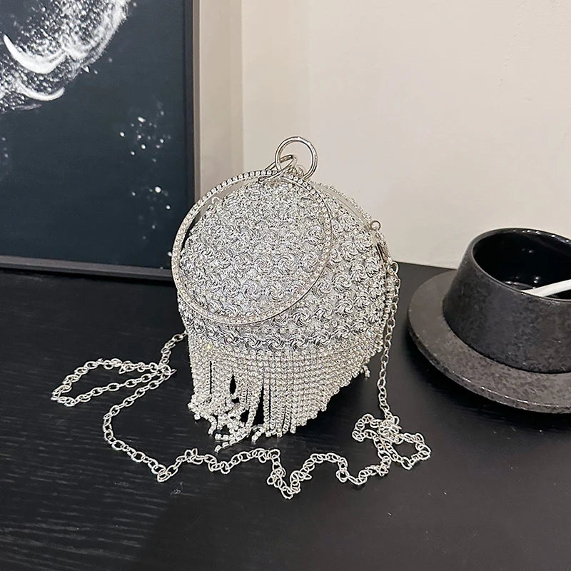 Bolsa Brilhante Design Esférico Com Diamantes e Correntes,Alça Para Ombro