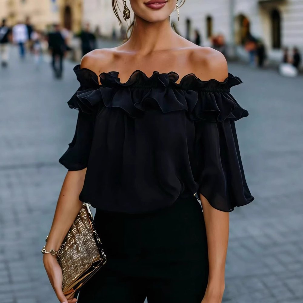 Blusa de Cor Sólida, Solta e com Ombros à Mostra - VEZTIVIA
