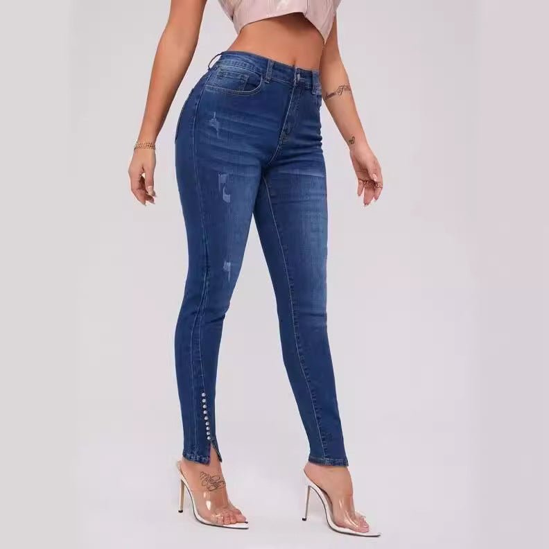 Calça Jeans Patchwork Slim Fit Cintura Alta com Lycra - VEZTIVIA