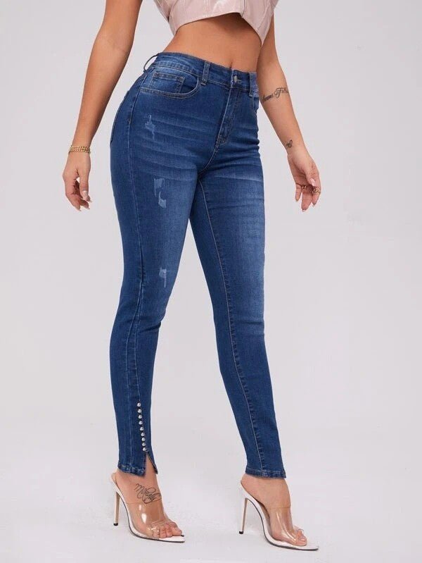 Calça Jeans Patchwork Slim Fit Cintura Alta com Lycra - VEZTIVIA