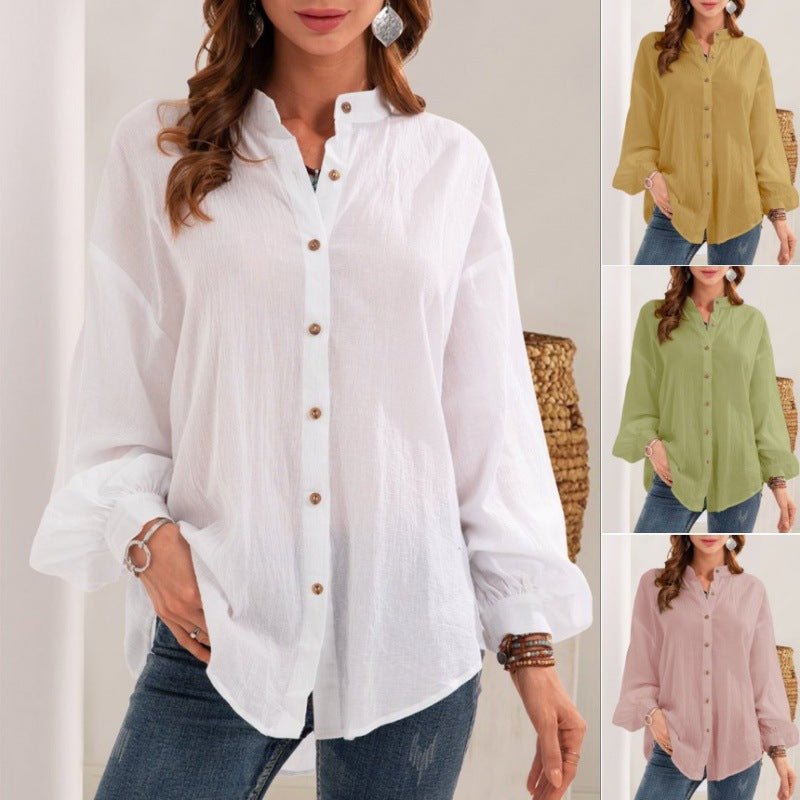 Camisa Feminina de Algodão e Linho Retrô – Manga Longa Casual Oversized - VEZTIVIA