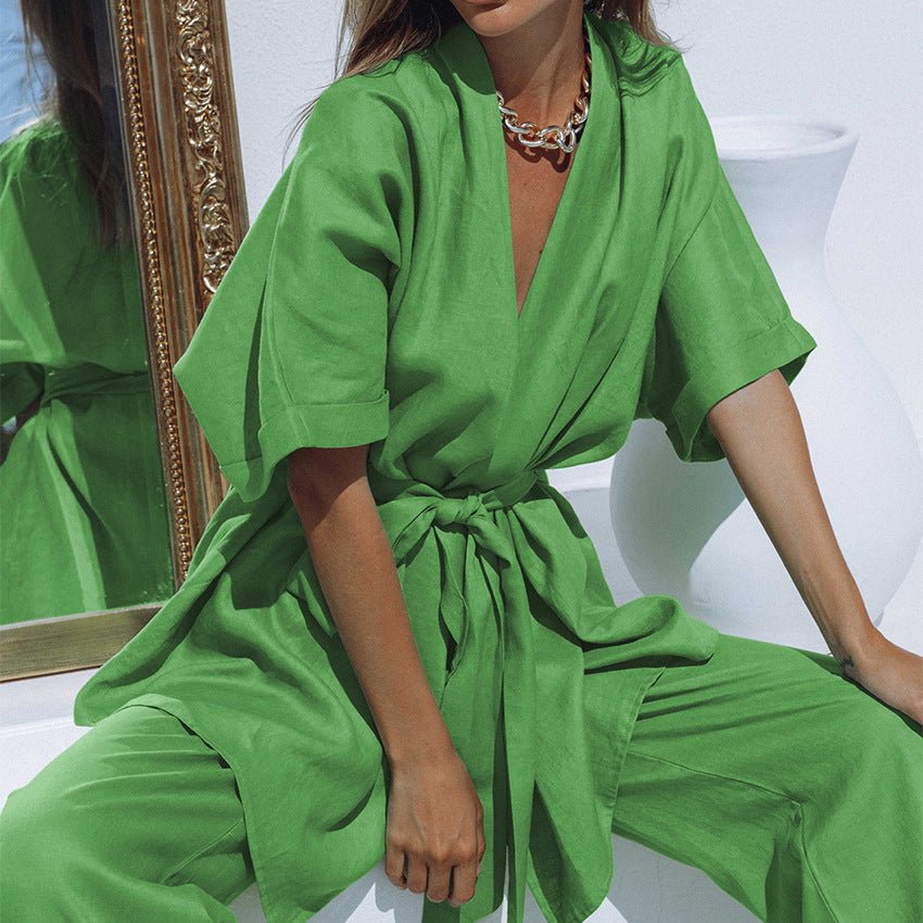 Conjunto Feminino Alfaiatarial em Algodão e Linho com Cinto - VEZTIVIA