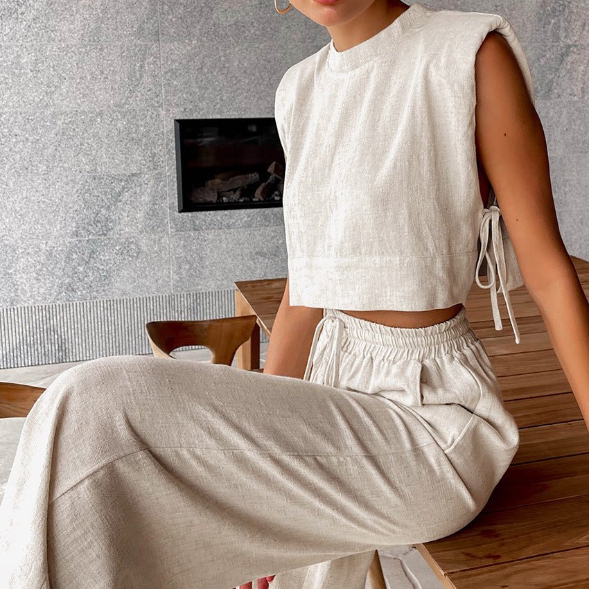 Conjunto Feminino de Algodão e Linho: Blusa Sem Mangas e Calça - VEZTIVIA