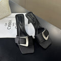 Korean Style Belt Buckle Thick Heel Sandals For Women, Satin Square Toe High Heels With Exposed Toes, Straight Line Slippers - VEZTIVIA