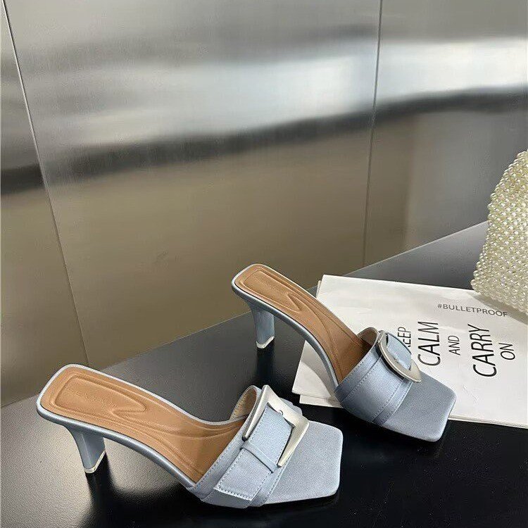 Korean Style Belt Buckle Thick Heel Sandals For Women, Satin Square Toe High Heels With Exposed Toes, Straight Line Slippers - VEZTIVIA