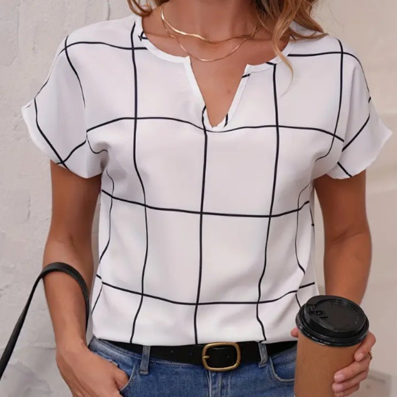 Plaid Print Notched Neck Blouse, Casual Short Sleeve Blouse For Spring & Summer, Women's Clothing - VEZTIVIA