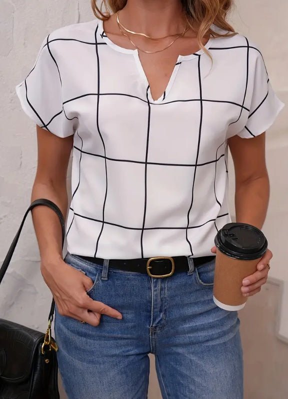 Plaid Print Notched Neck Blouse, Casual Short Sleeve Blouse For Spring & Summer, Women's Clothing - VEZTIVIA
