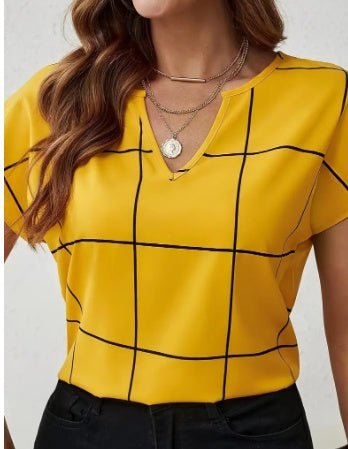 Plaid Print Notched Neck Blouse, Casual Short Sleeve Blouse For Spring & Summer, Women's Clothing - VEZTIVIA