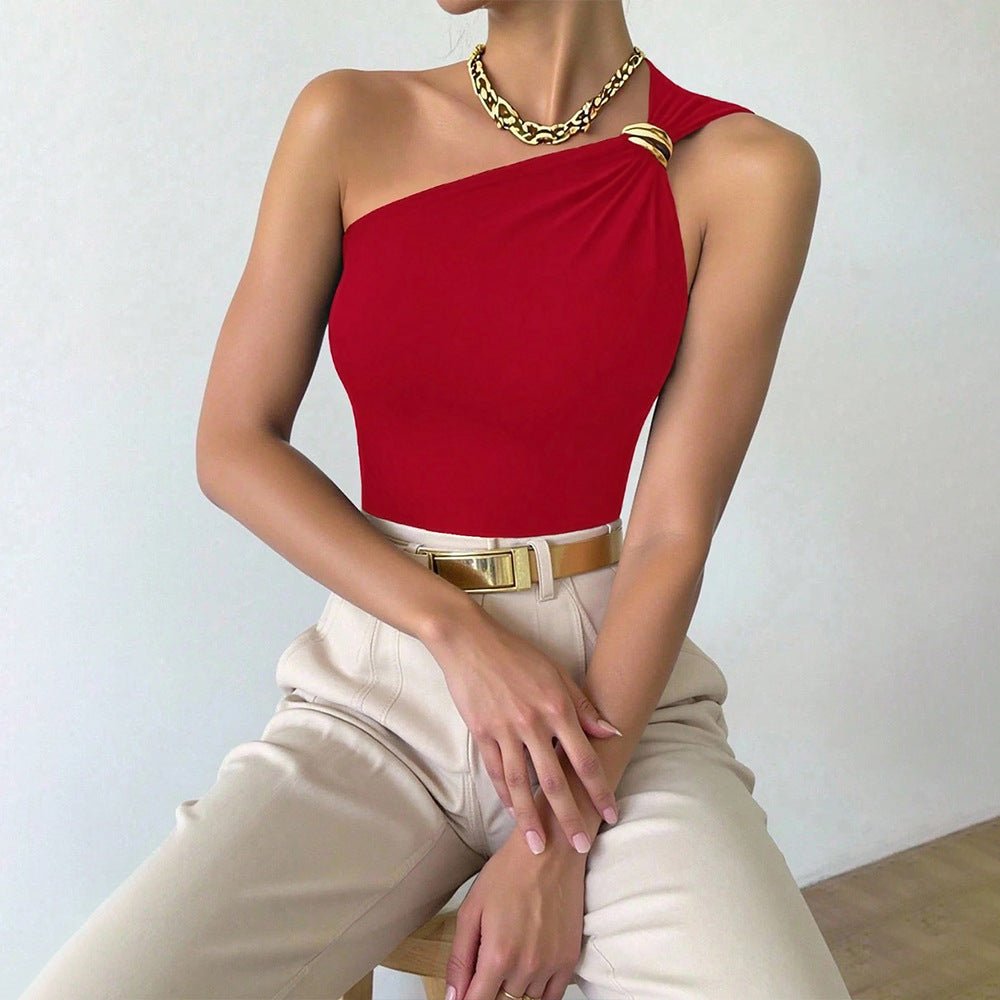 Red Vest Summer Sleeveless Off - Shoulder Slimming T-Shirt Top - VEZTIVIA