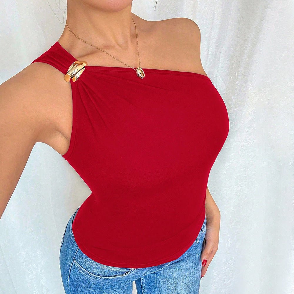 Red Vest Summer Sleeveless Off - Shoulder Slimming T-Shirt Top - VEZTIVIA