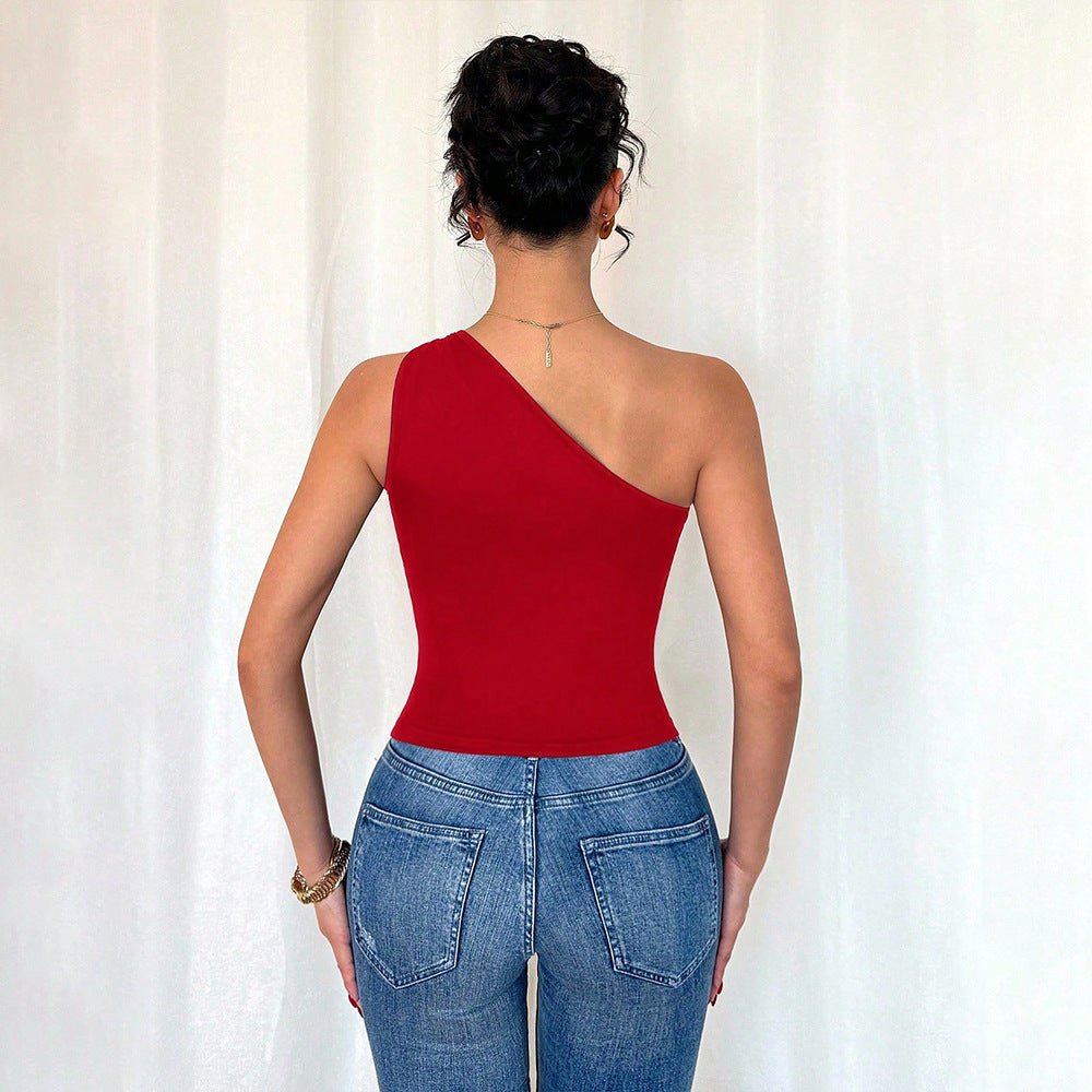 Red Vest Summer Sleeveless Off - Shoulder Slimming T-Shirt Top - VEZTIVIA