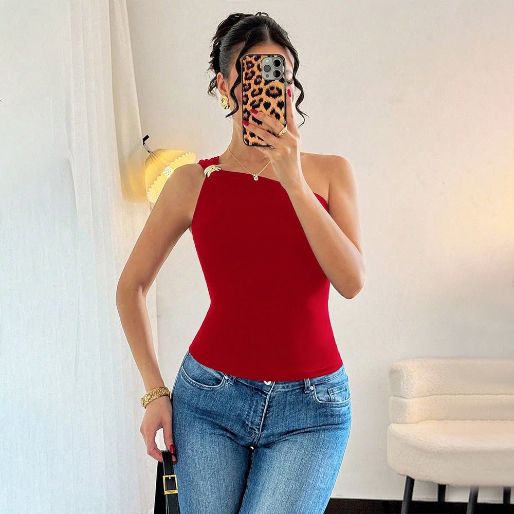 Red Vest Summer Sleeveless Off - Shoulder Slimming T-Shirt Top - VEZTIVIA