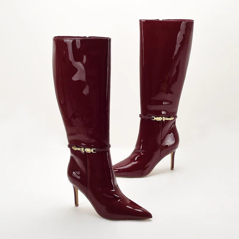 Stiletto - heeled Leather Belt - buckle Zip Thigh - high Boots For Women - VEZTIVIA
