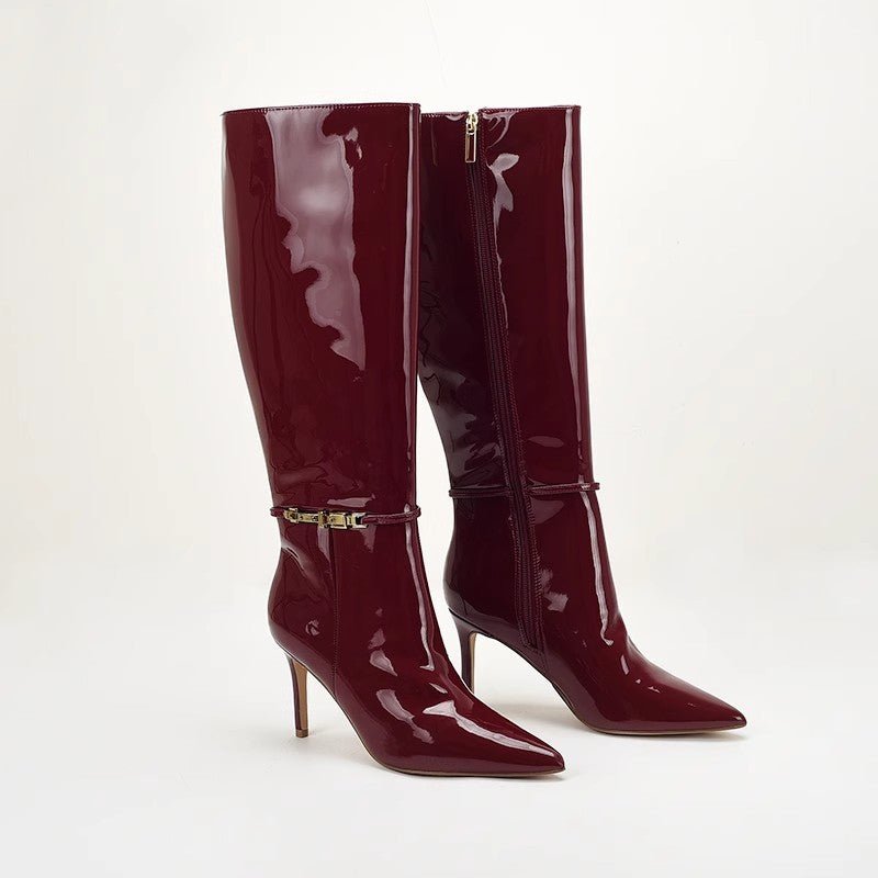 Stiletto - heeled Leather Belt - buckle Zip Thigh - high Boots For Women - VEZTIVIA