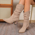 Suede Pointed - toe Fashion Boots With Pleated Mid - calf Design And Chunky Heel - VEZTIVIA