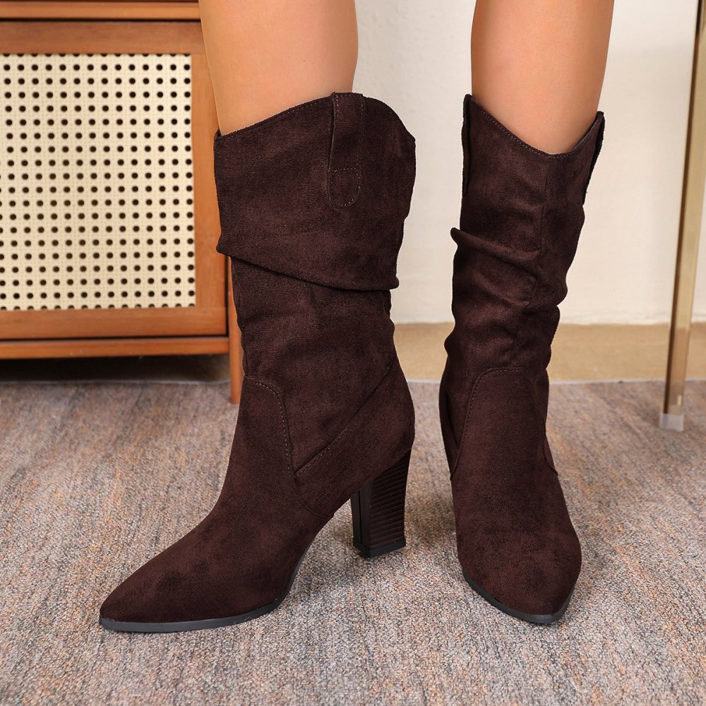 Suede Pointed - toe Fashion Boots With Pleated Mid - calf Design And Chunky Heel - VEZTIVIA