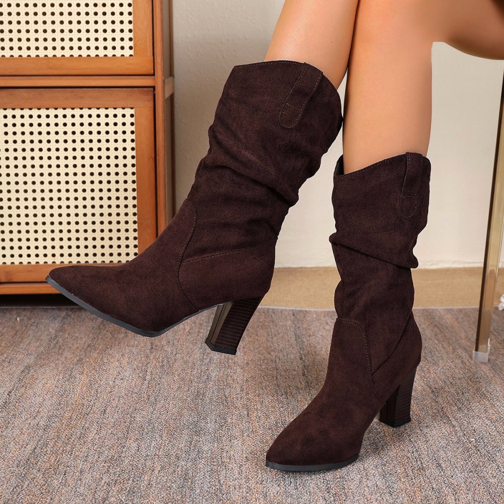 Suede Pointed - toe Fashion Boots With Pleated Mid - calf Design And Chunky Heel - VEZTIVIA