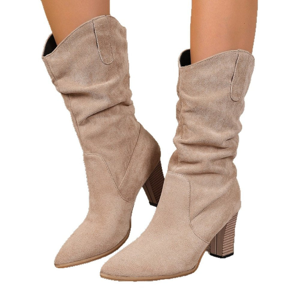Suede Pointed - toe Fashion Boots With Pleated Mid - calf Design And Chunky Heel - VEZTIVIA