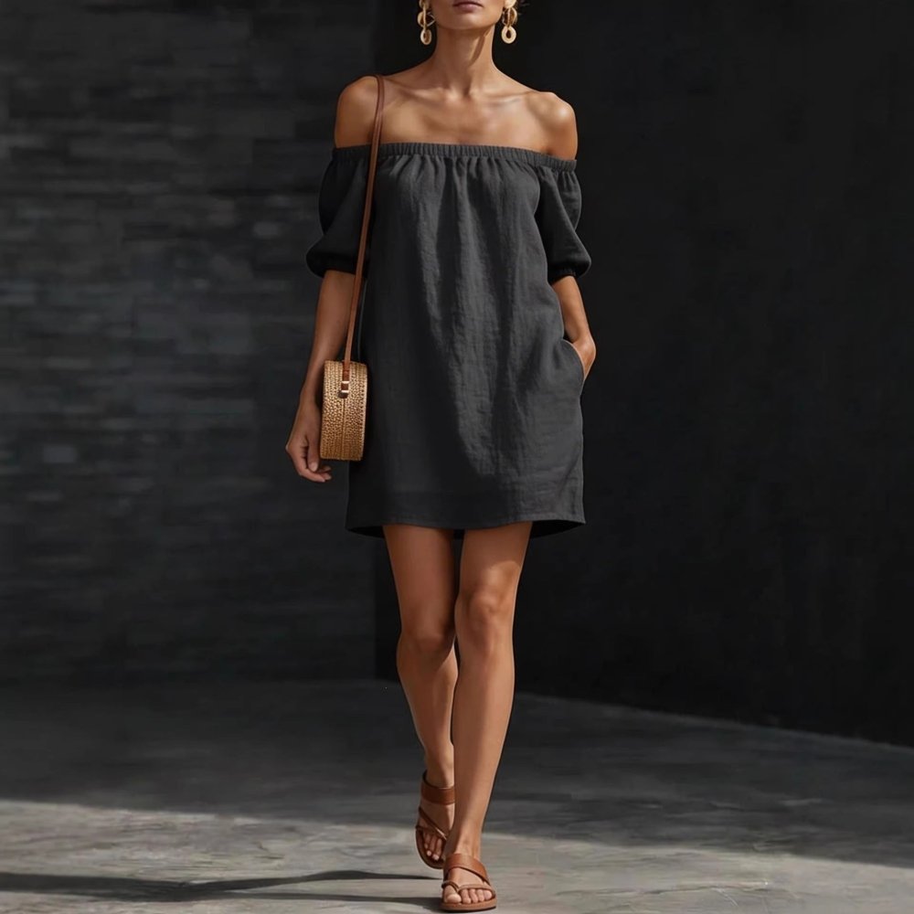 Vestido Boho Chic em Algodão e Linho Ombro a Ombro - VEZTIVIA