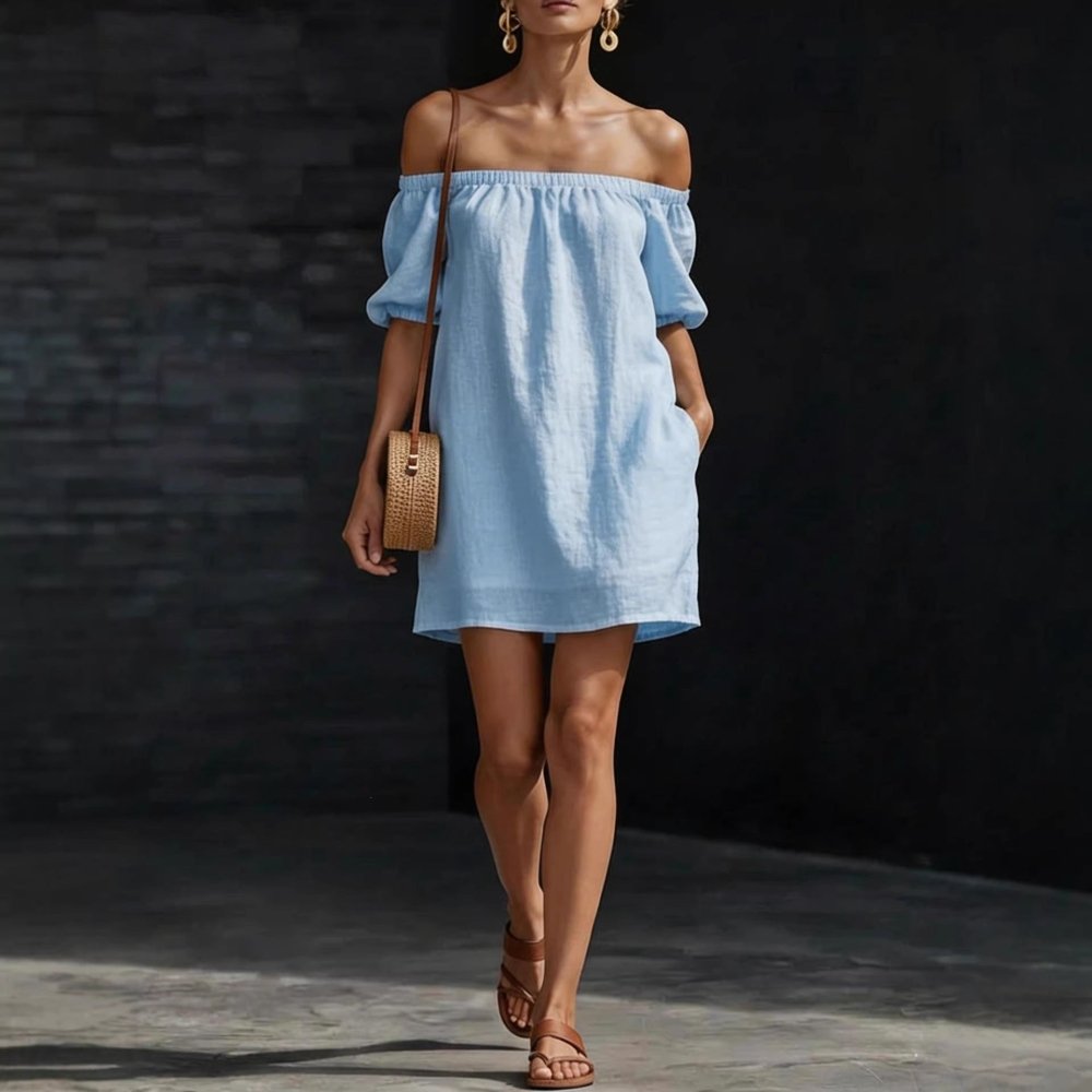 Vestido Boho Chic em Algodão e Linho Ombro a Ombro - VEZTIVIA