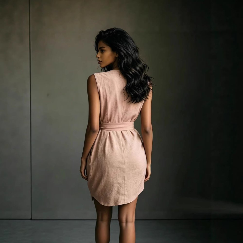 Vestido Casual de Linho Monocromático com Decote em V - VEZTIVIA