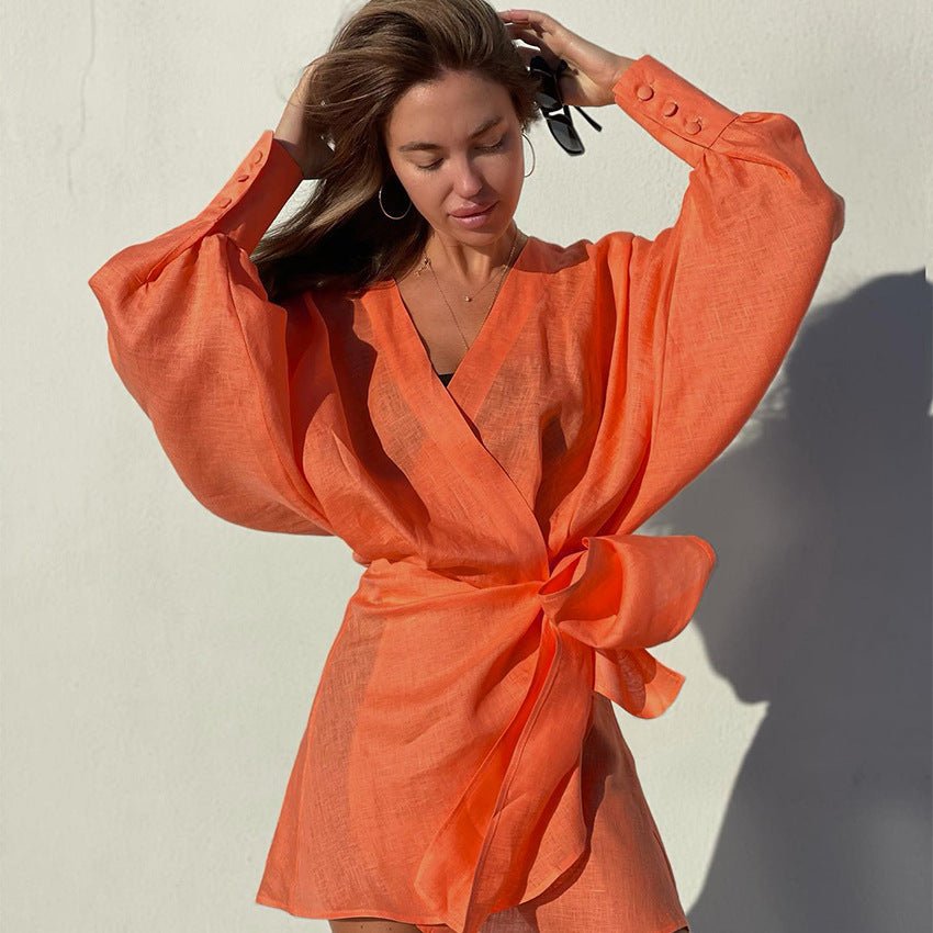 Vestido Chemise Casual Elegante com Amarração de Laço - VEZTIVIA