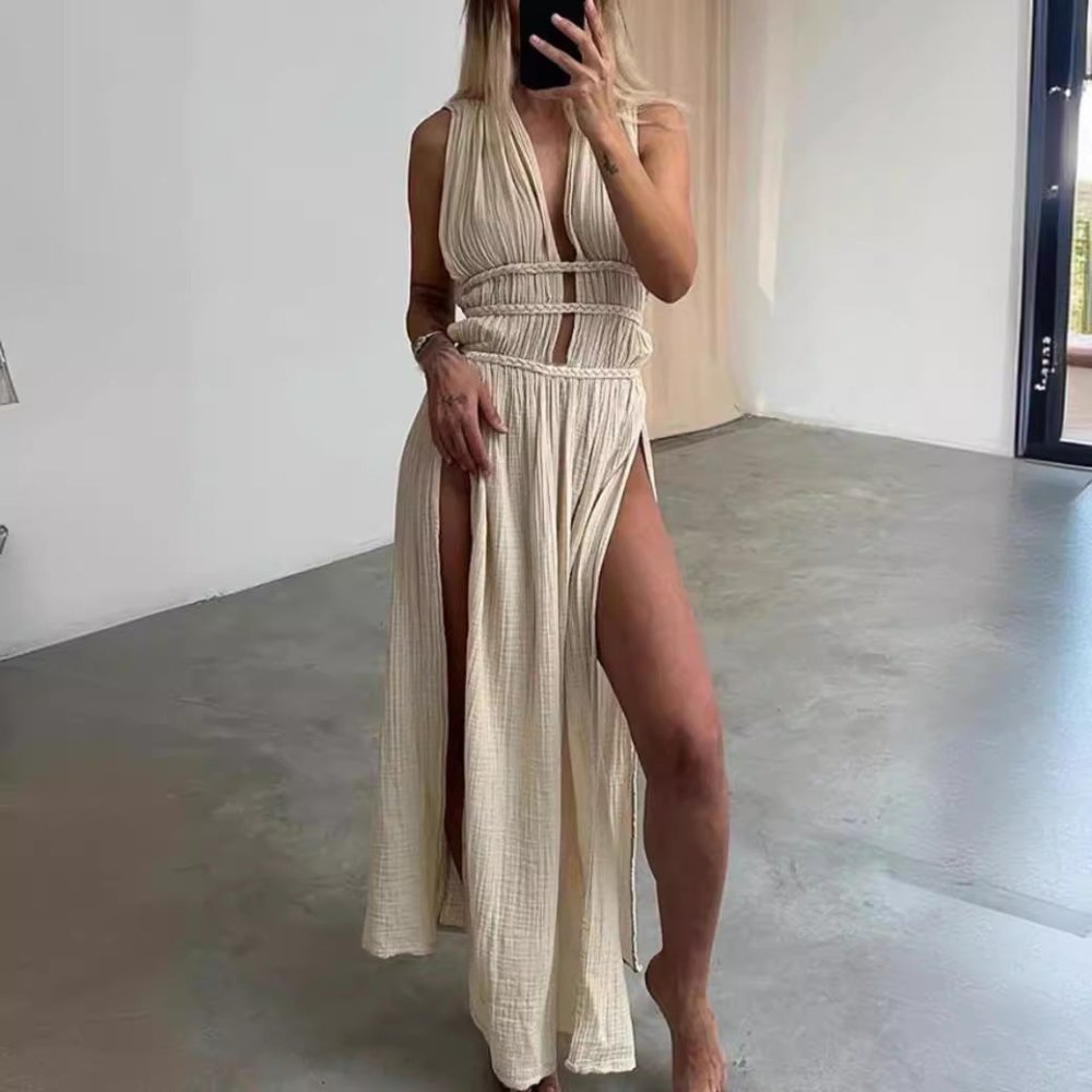 Vestido em Blend de Linho Heritage com Detalhes Vazados - VEZTIVIA