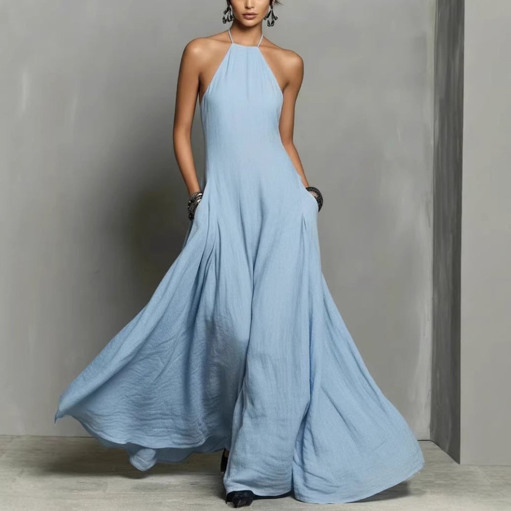 Vestido Longo em Algodão e Linho com Decote Halter - VEZTIVIA