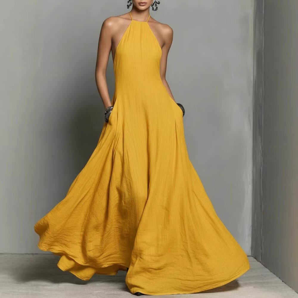 Vestido Longo em Algodão e Linho com Decote Halter - VEZTIVIA