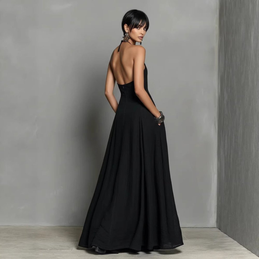 Vestido Longo em Algodão e Linho com Decote Halter - VEZTIVIA