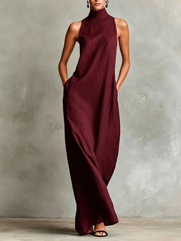 Vestido Longo Minimalista em Linho com Gola Alta - VEZTIVIA