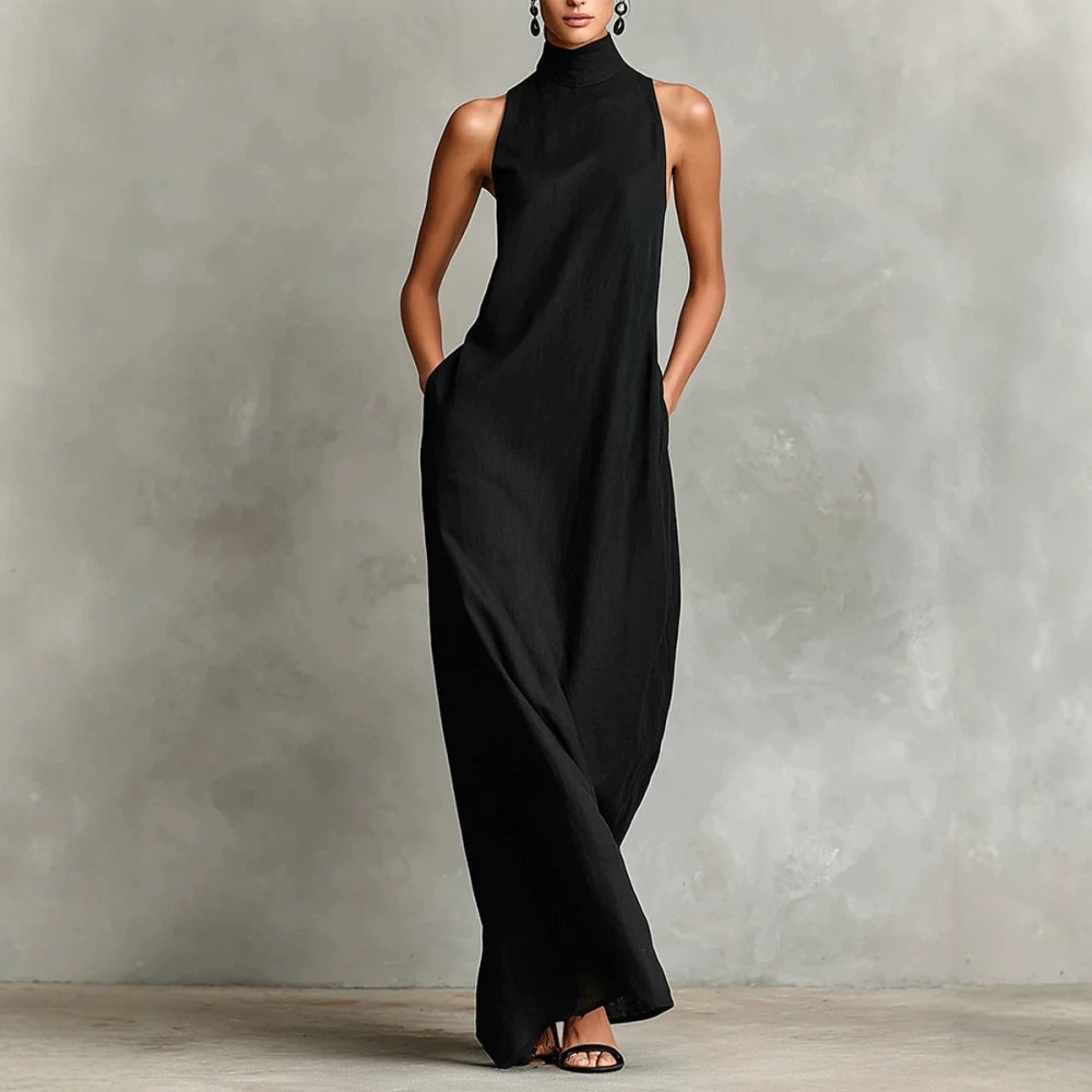 Vestido Longo Minimalista em Linho com Gola Alta - VEZTIVIA