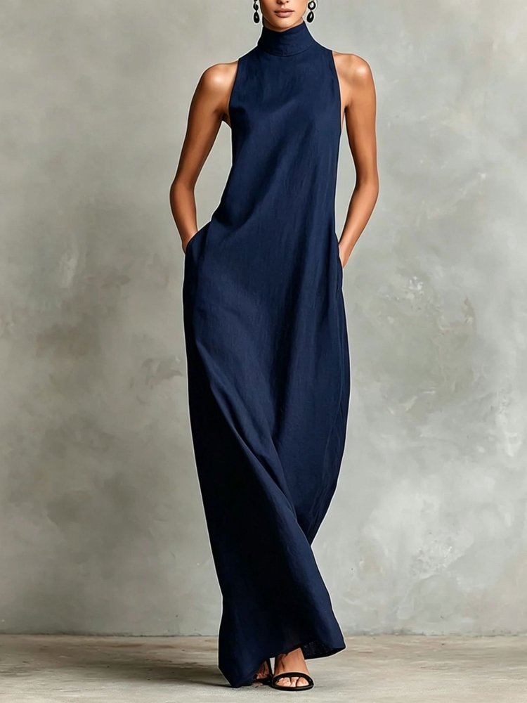 Vestido Longo Minimalista em Linho com Gola Alta - VEZTIVIA