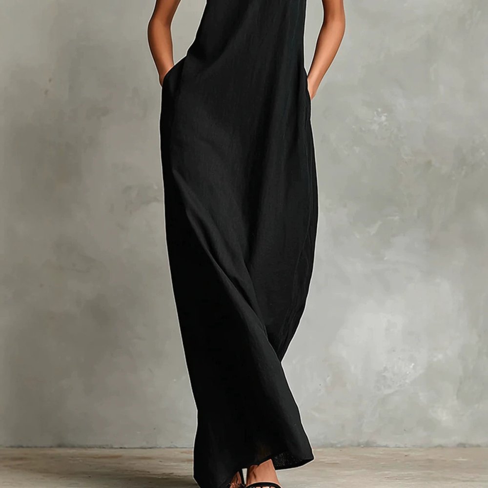 Vestido Longo Minimalista em Linho com Gola Alta - VEZTIVIA