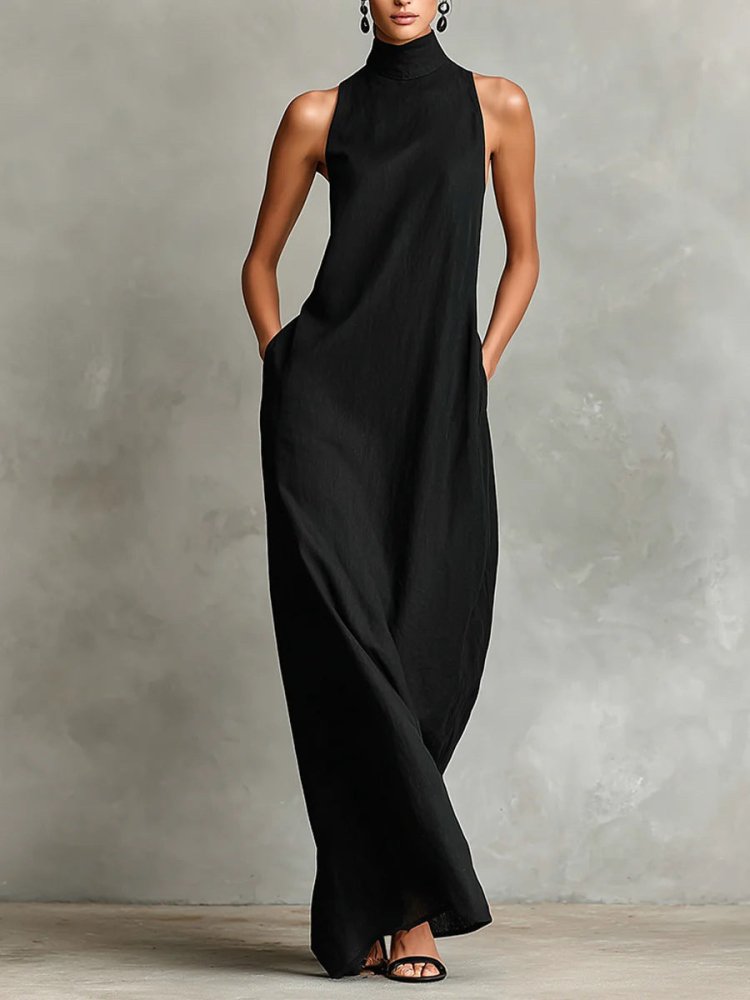 Vestido Longo Minimalista em Linho com Gola Alta - VEZTIVIA