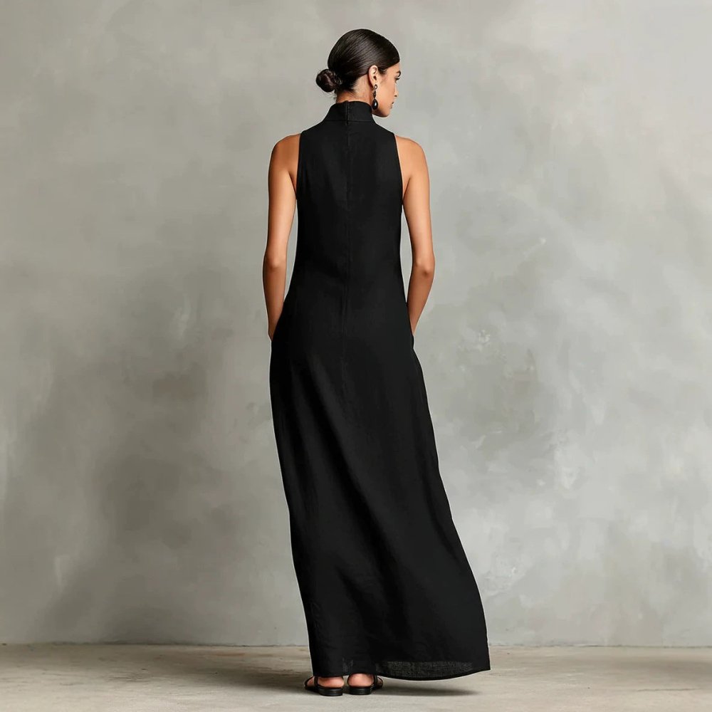 Vestido Longo Minimalista em Linho com Gola Alta - VEZTIVIA