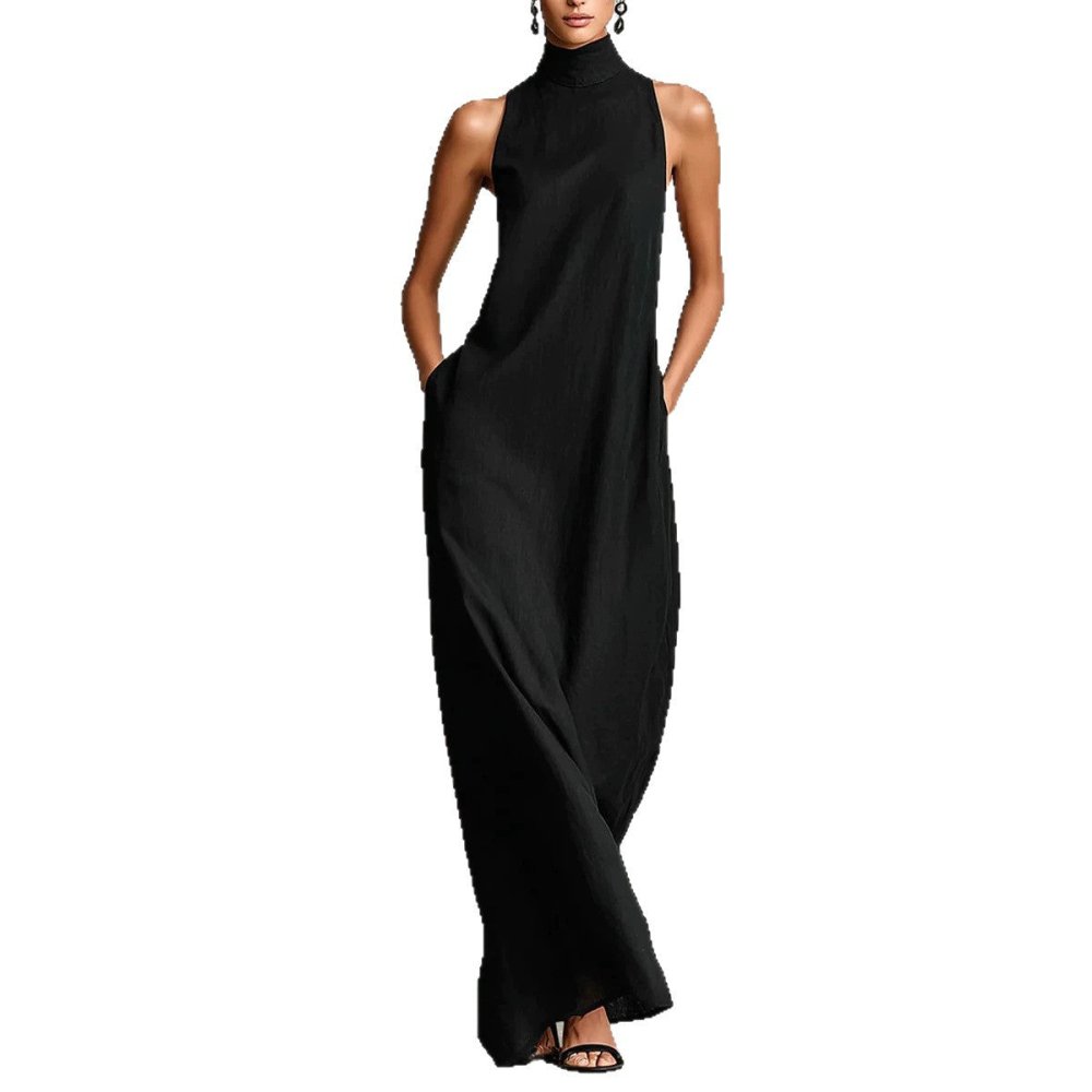 Vestido Longo Minimalista em Linho com Gola Alta - VEZTIVIA