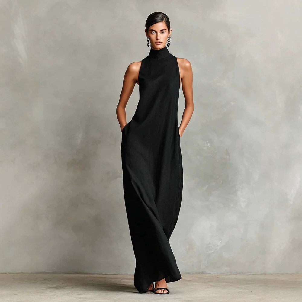 Vestido Longo Minimalista em Linho com Gola Alta - VEZTIVIA