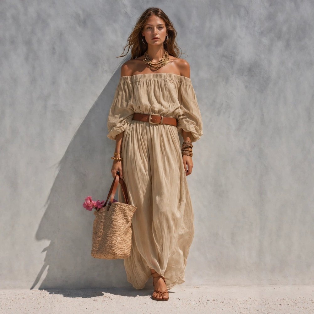 Vestido Maxi Casual em Linho Misto – Decote Canoa - VEZTIVIA