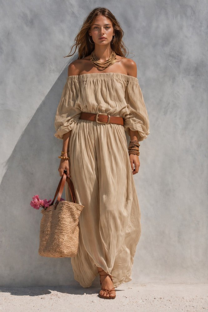 Vestido Maxi Casual em Linho Misto – Decote Canoa - VEZTIVIA