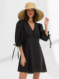 Vestido Midi em Algodão e Linho Elegante com Mangas Bufantes - VEZTIVIA