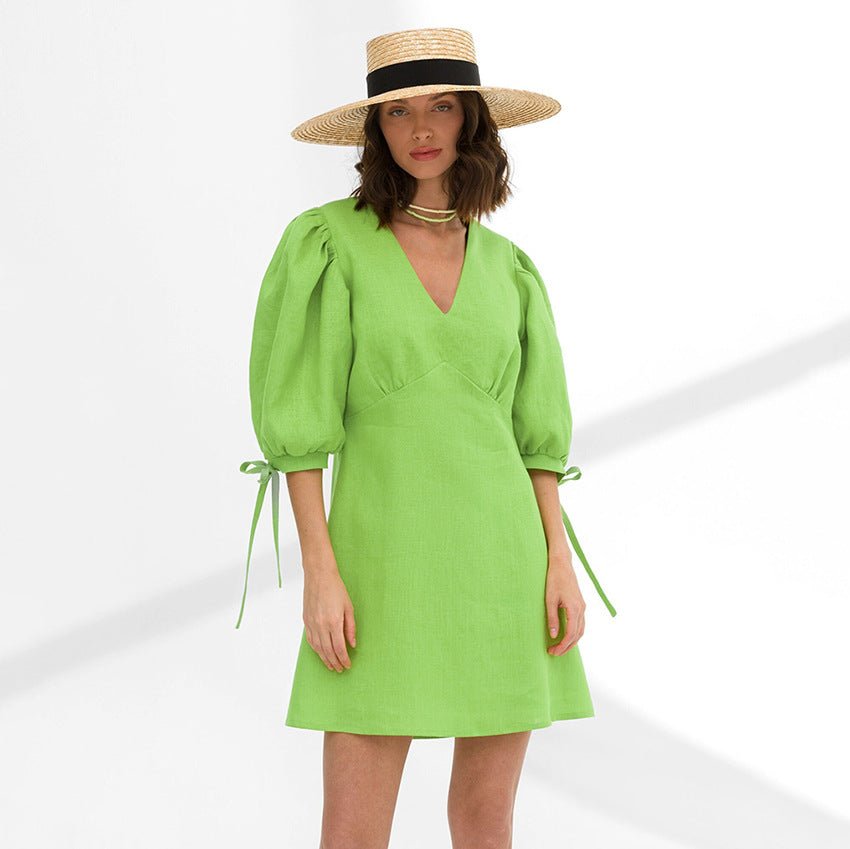 Vestido Midi em Algodão e Linho Elegante com Mangas Bufantes - VEZTIVIA