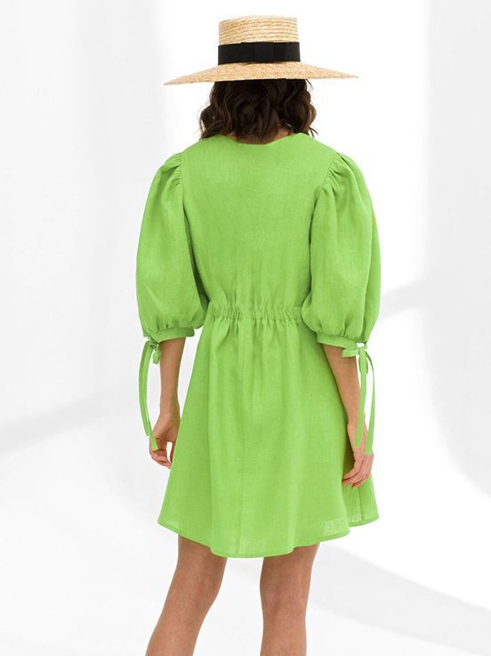Vestido Midi em Algodão e Linho Elegante com Mangas Bufantes - VEZTIVIA