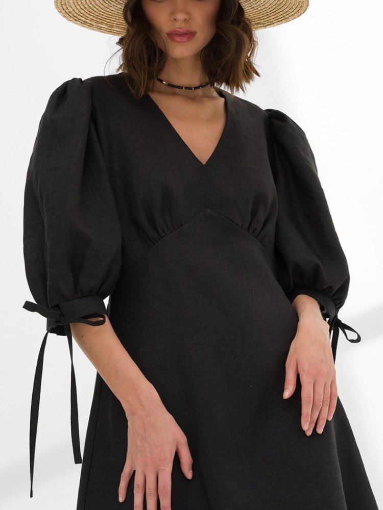 Vestido Midi em Algodão e Linho Elegante com Mangas Bufantes - VEZTIVIA