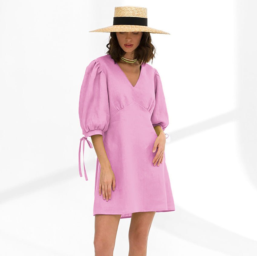 Vestido Midi em Algodão e Linho Elegante com Mangas Bufantes - VEZTIVIA