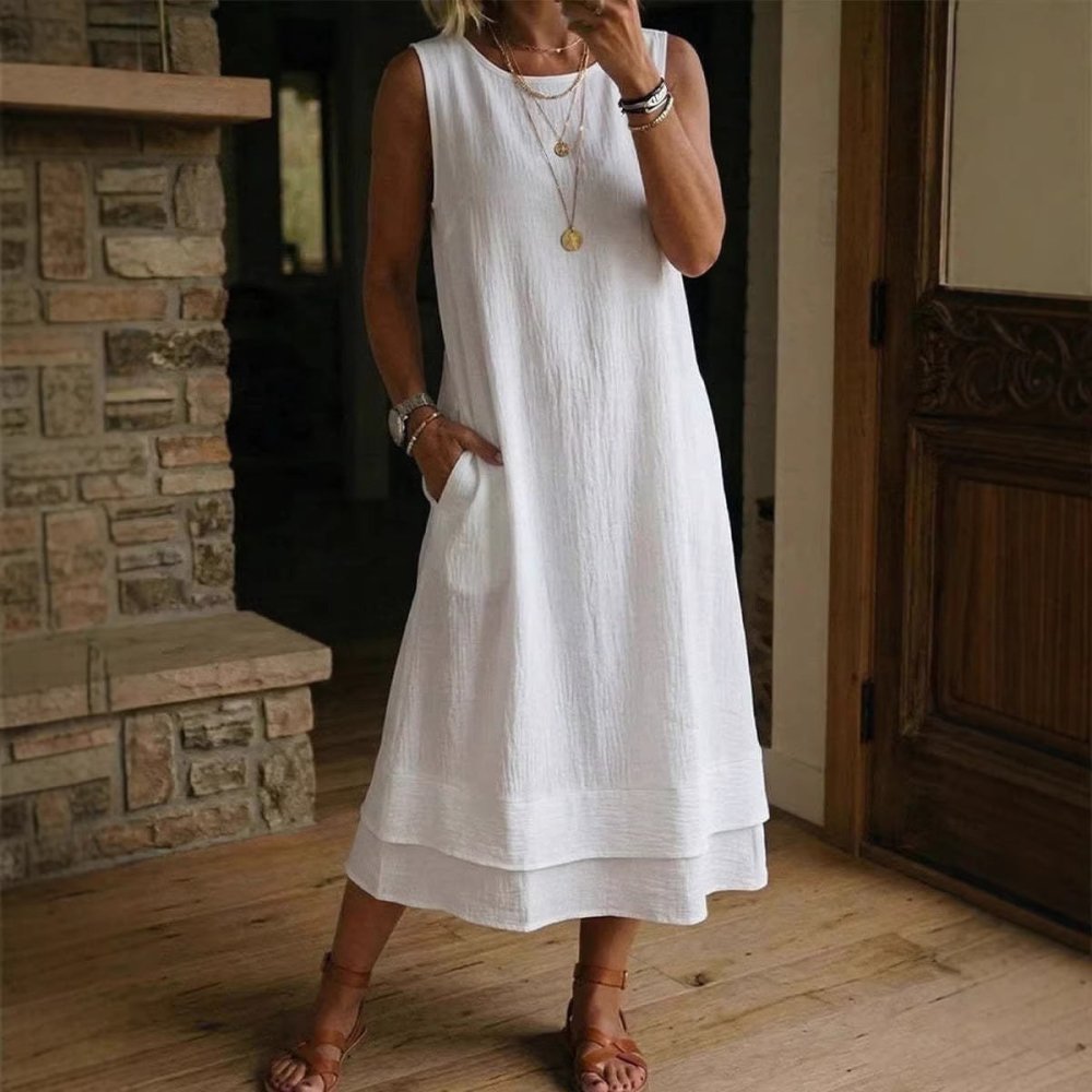 Vestido Midi em Algodão e Linho Sem Mangas - VEZTIVIA