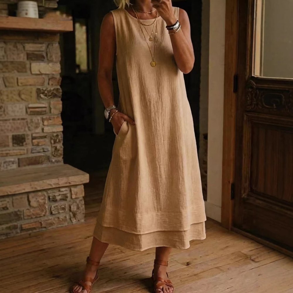 Vestido Midi em Algodão e Linho Sem Mangas - VEZTIVIA